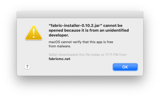 macOS displaying an "unidentified application developer" security warning.