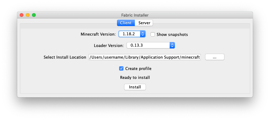 the Fabric installer window