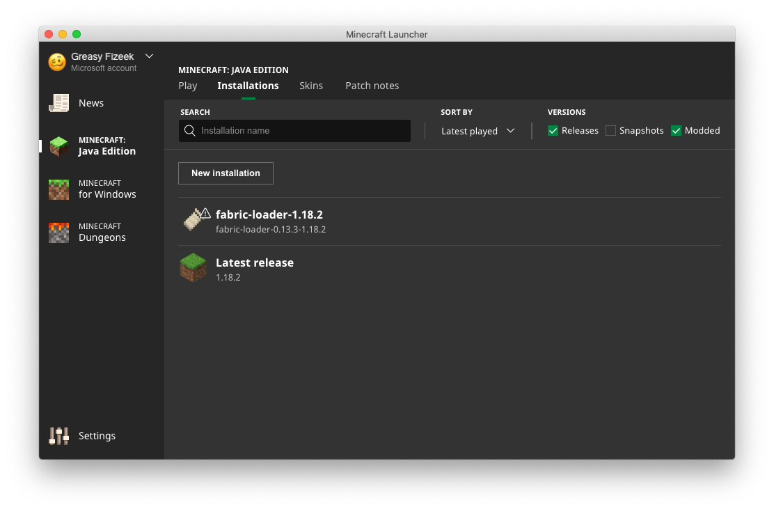 the Installations tab in Minecraft Launcher