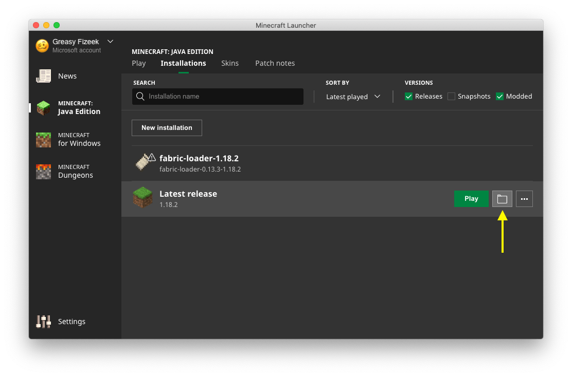 the button to open the Minecraft game directory