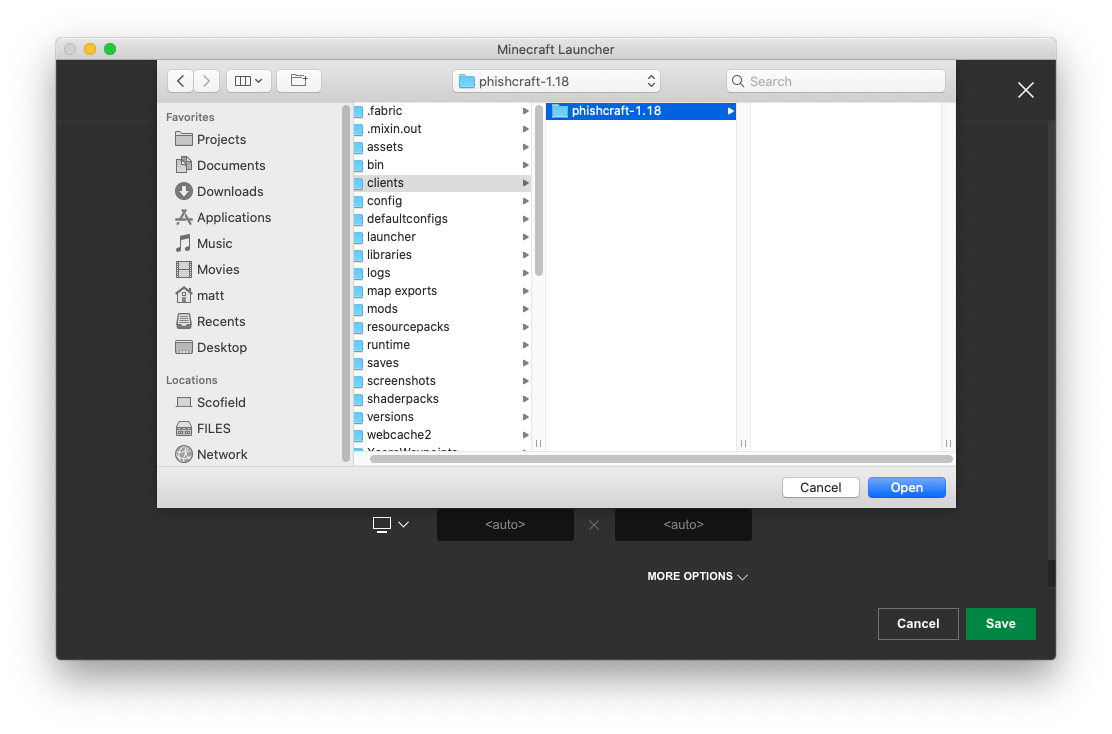 selecting the phishcraft-1.18 game directory