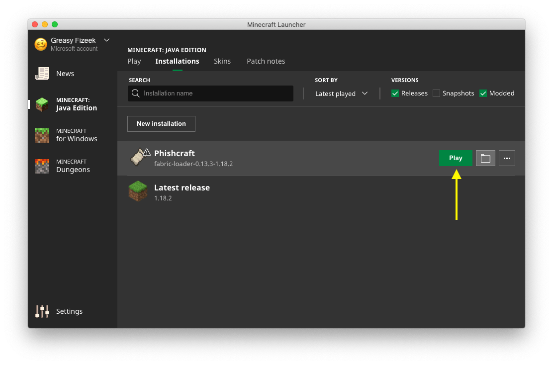 the play button on the Installations tab