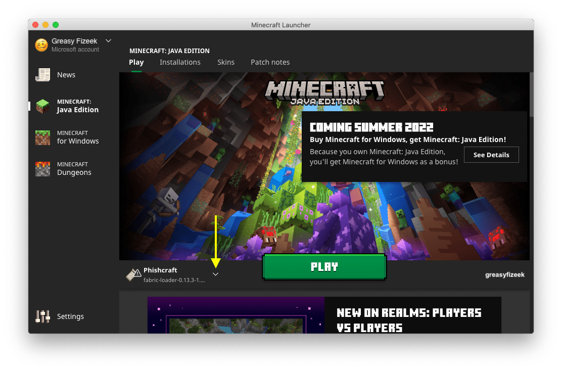 the play button on the Installations tab