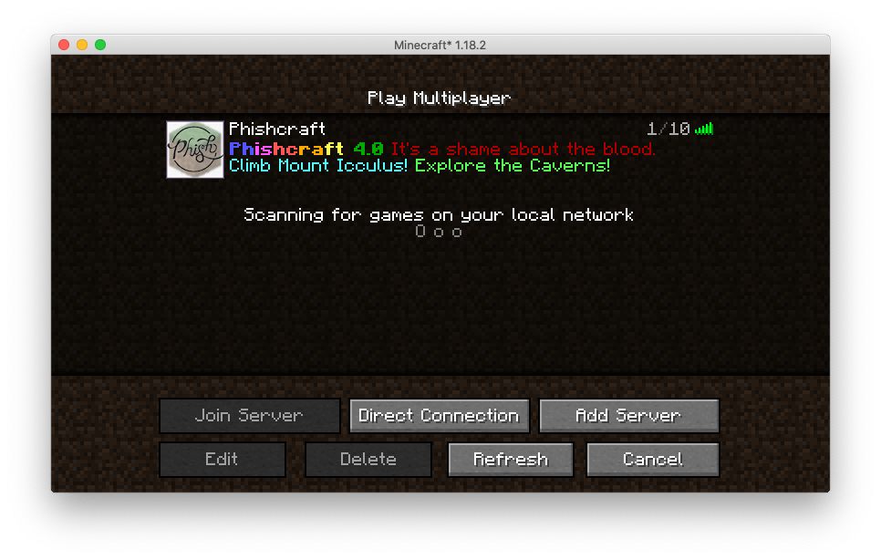 Phishcraft server in the multiplayer menu