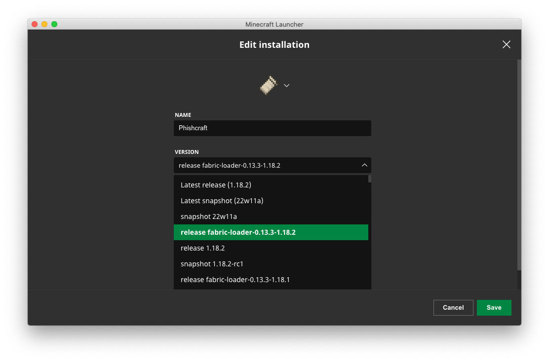 selecting the new Fabric version